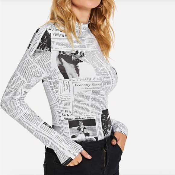 Printed Newspaper Stretch MockNeck Long Sleeve Top - Picture 2 of 6